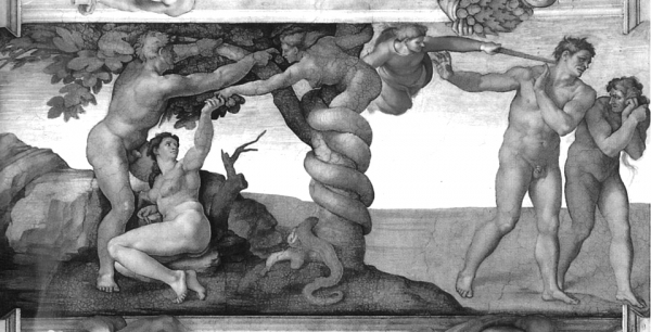 아담과 하와가 뱀의 유혹에 빠져 선악과를 따먹고 에덴동산에서 쫓겨나는 상황을 묘사한 미켈란젤로의 성화.